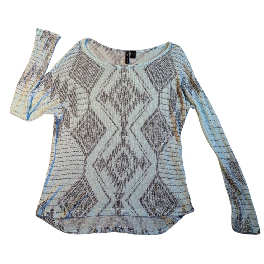 Women's Small Loose Knit Geometric Mineral Washed Mint Green/Blue Blouse  Boho